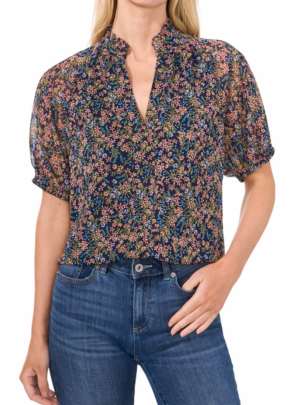 CeCe womenās Navy Floral Short-Sleeve Blouse with Navy cami